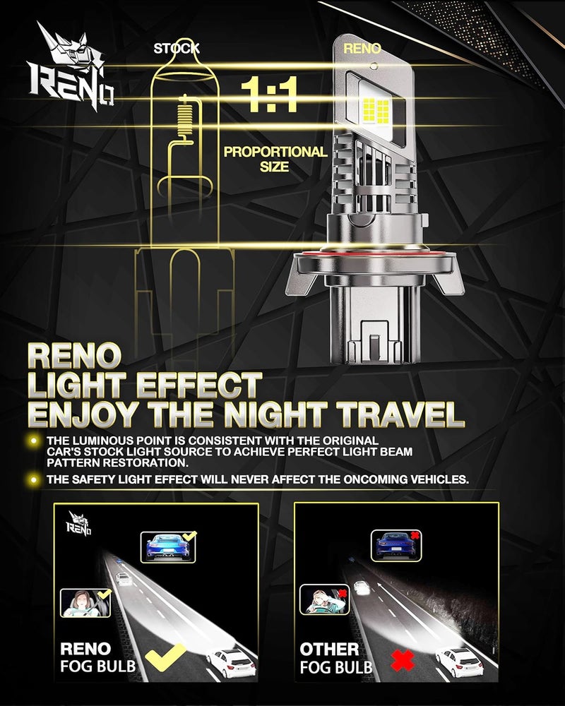 Reno H13 Bulb, 9008 H13 Fog Bulb 1:1 Mini Size 6000K with Fan, Quick Install Fog Light Plug-N-Play, Pack of 2 - Image 2